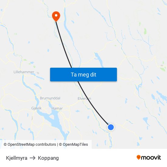 Kjellmyra to Koppang map