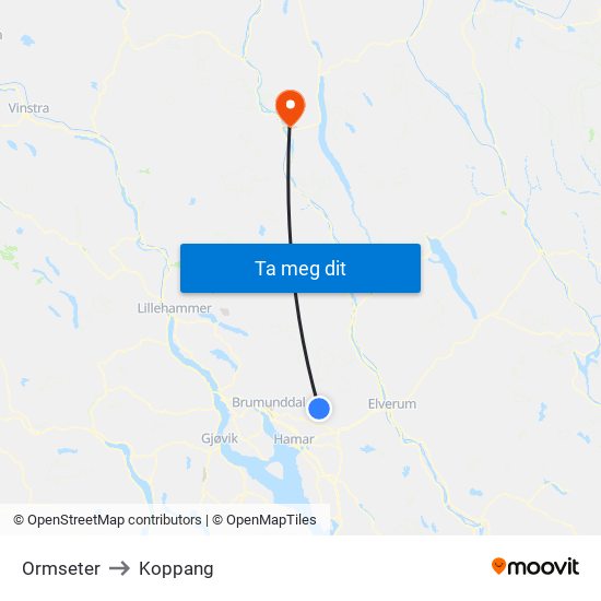 Ormseter to Koppang map