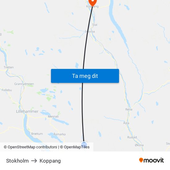 Stokholm to Koppang map
