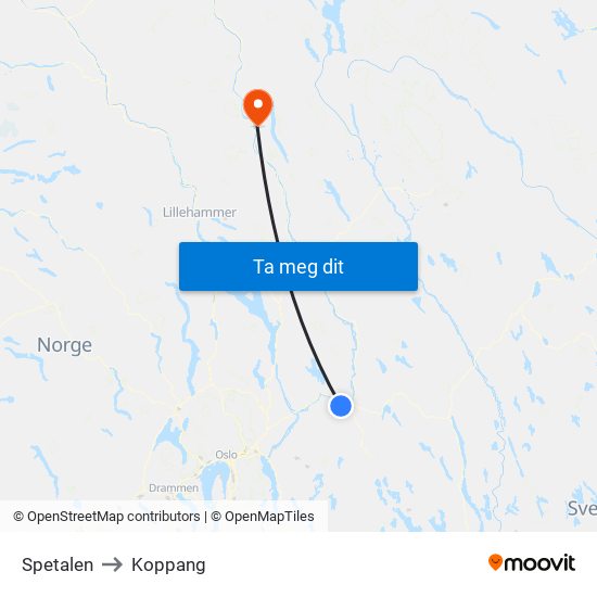 Spetalen to Koppang map