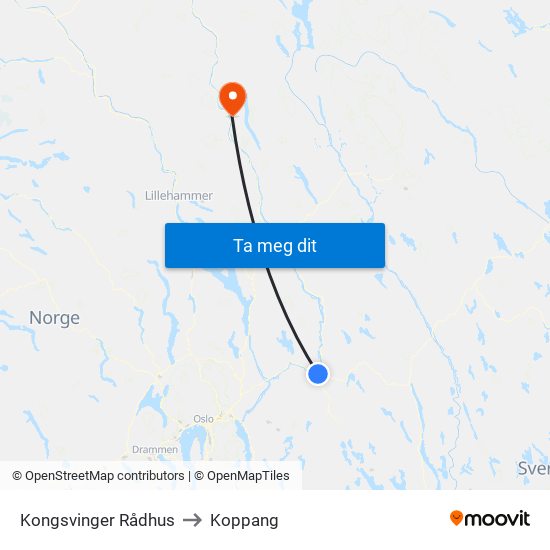 Kongsvinger Rådhus to Koppang map