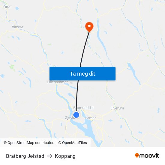 Bratberg Jølstad to Koppang map
