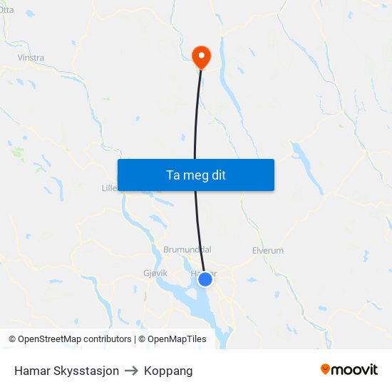 Hamar Skysstasjon to Koppang map
