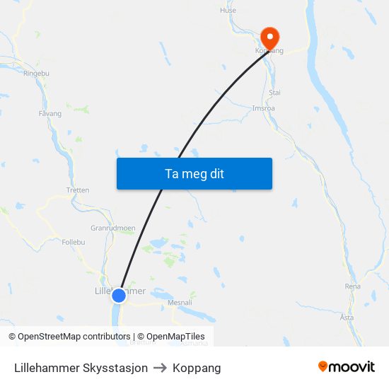 Lillehammer Skysstasjon to Koppang map