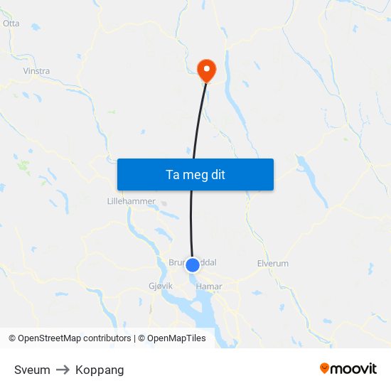 Sveum to Koppang map