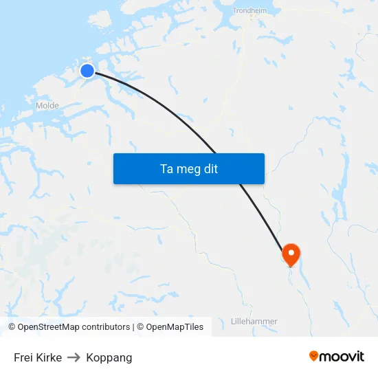 Frei Kirke to Koppang map