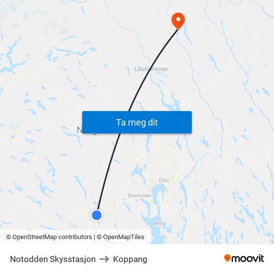 Notodden Skysstasjon to Koppang map