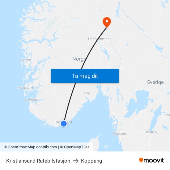 Kristiansand Rutebilstasjon to Koppang map