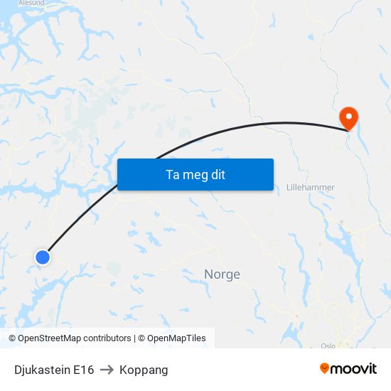 Djukastein E16 to Koppang map