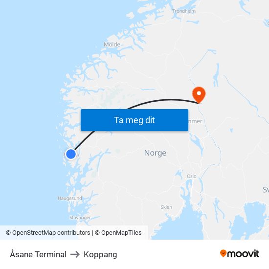 Åsane Terminal to Koppang map