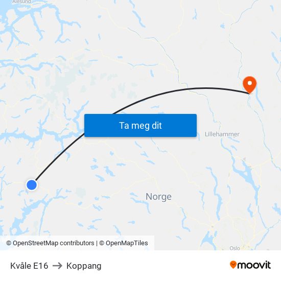 Kvåle E16 to Koppang map