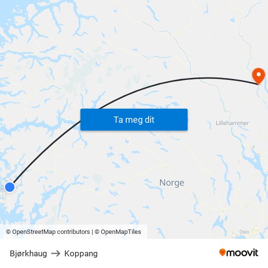 Bjørkhaug to Koppang map