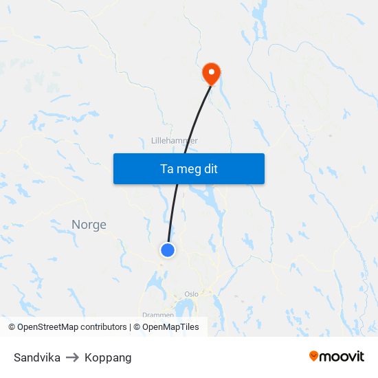 Sandvika to Koppang map