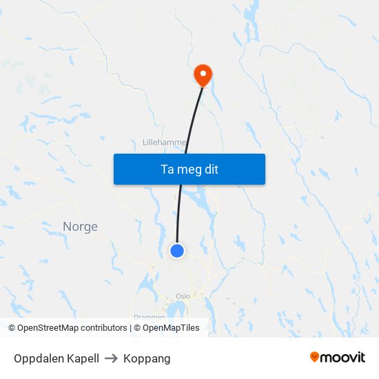 Oppdalen Kapell to Koppang map