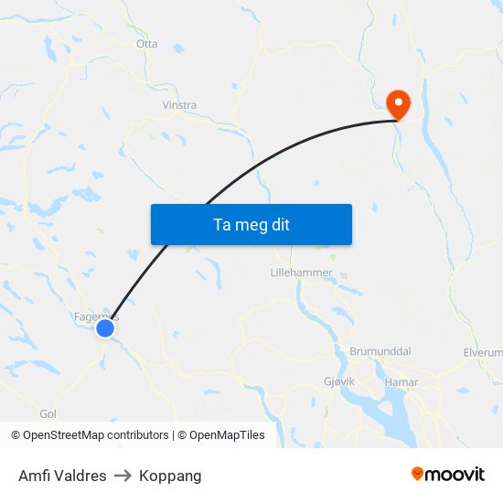 Amfi Valdres to Koppang map