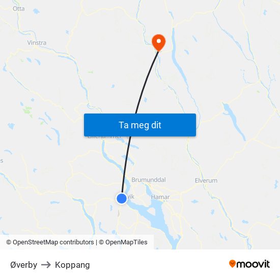 Øverby to Koppang map