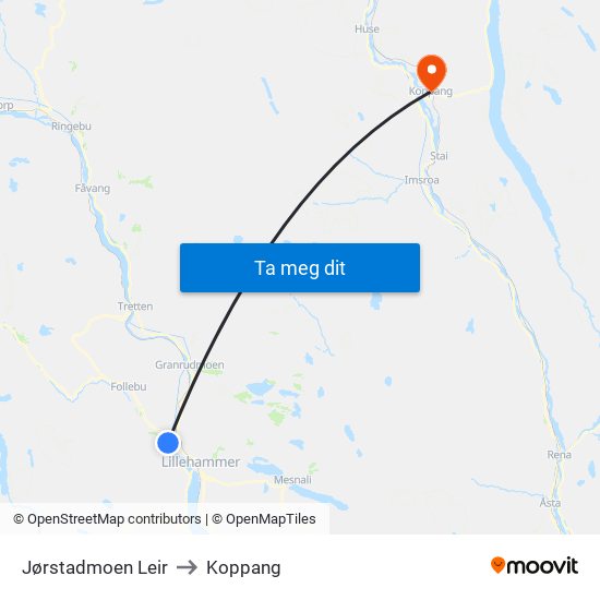 Jørstadmoen Leir to Koppang map