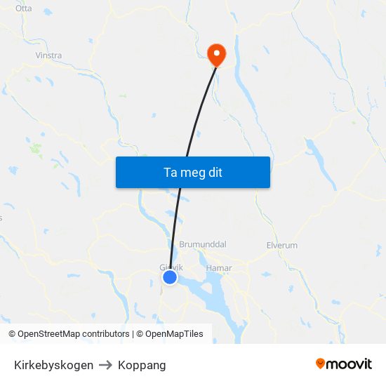 Kirkebyskogen to Koppang map