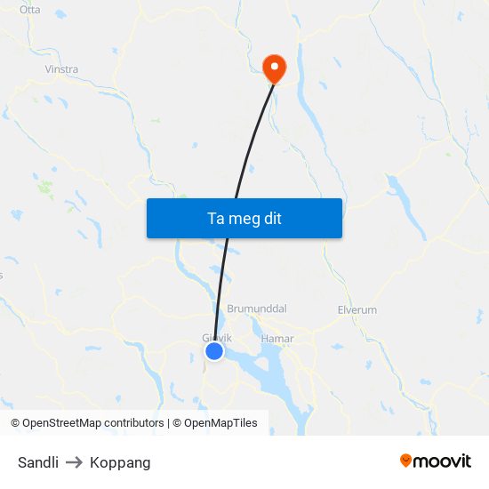 Sandli to Koppang map