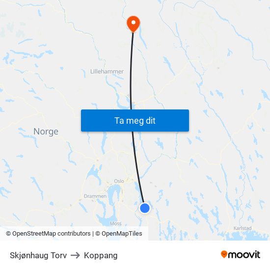 Skjønhaug Torv to Koppang map