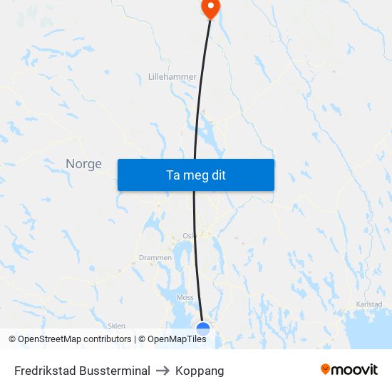 Fredrikstad Bussterminal to Koppang map