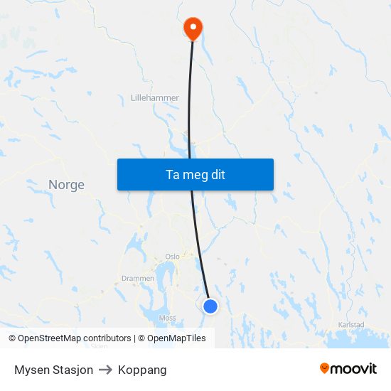Mysen Stasjon to Koppang map
