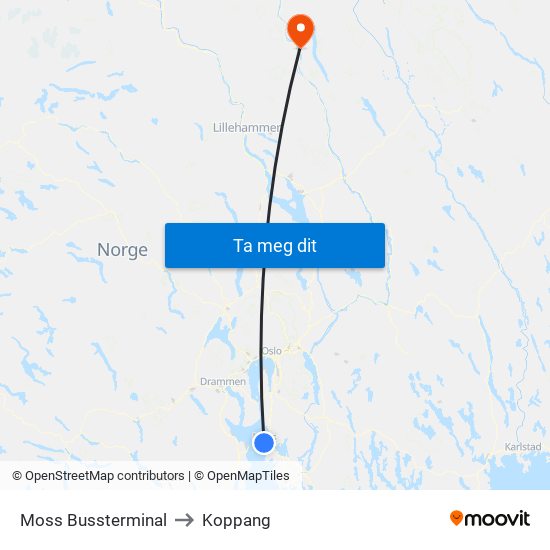 Moss Bussterminal to Koppang map