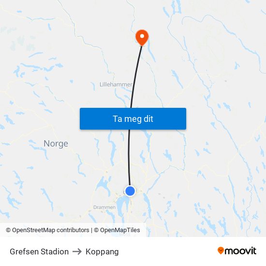 Grefsen Stadion to Koppang map