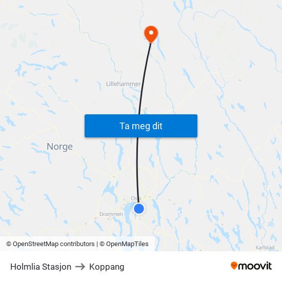 Holmlia Stasjon to Koppang map