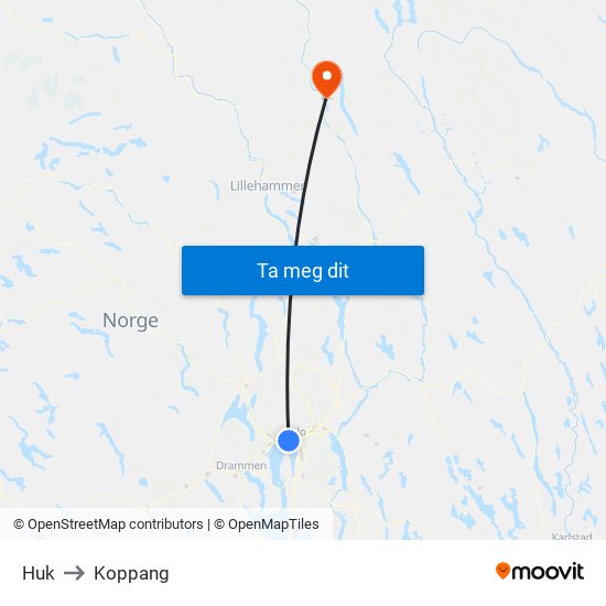 Huk to Koppang map