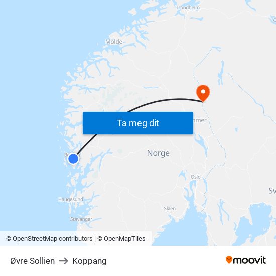Øvre Sollien to Koppang map