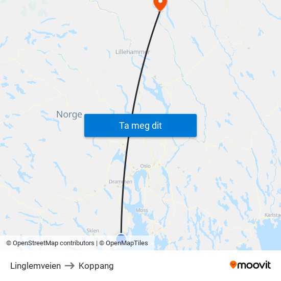 Linglemveien to Koppang map
