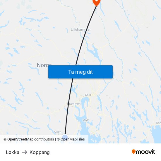 Løkka to Koppang map