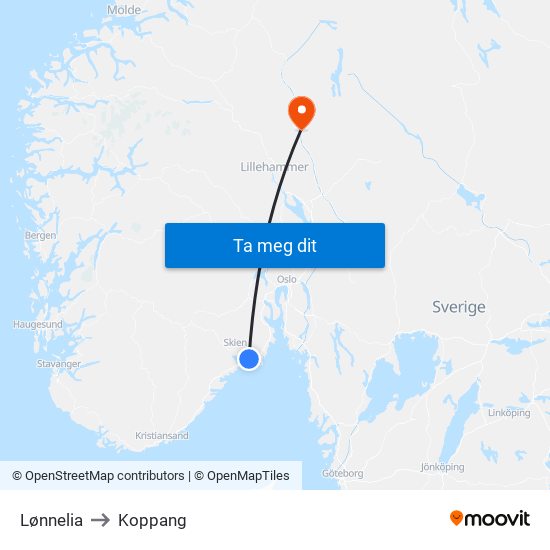 Lønnelia to Koppang map