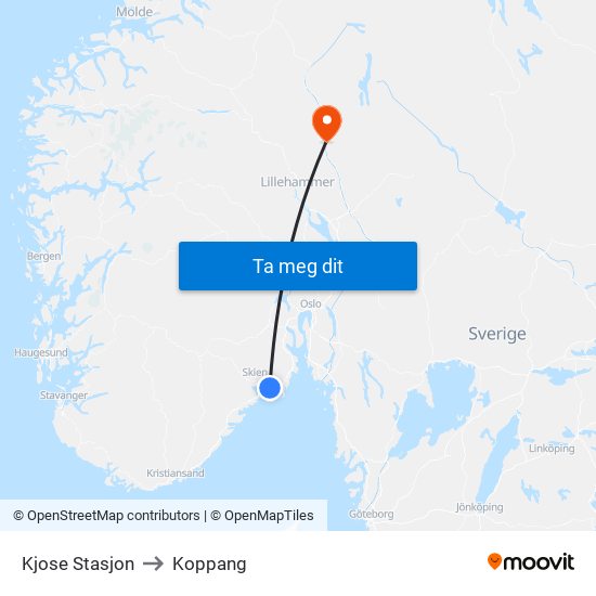 Kjose Stasjon to Koppang map