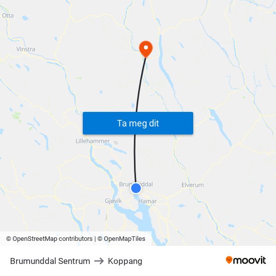 Brumunddal Sentrum to Koppang map