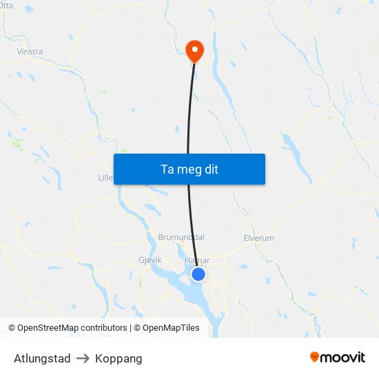 Atlungstad to Koppang map