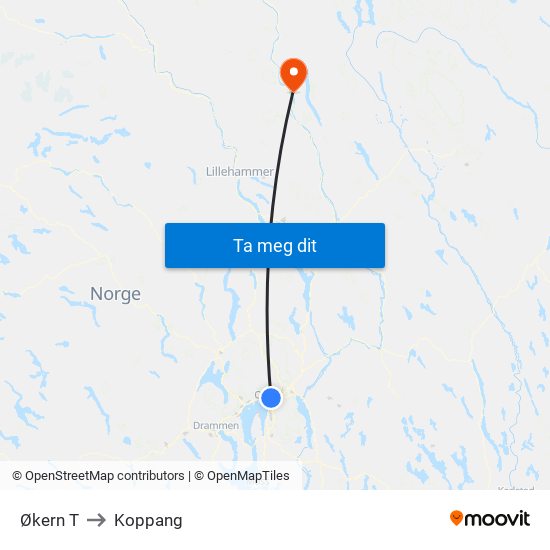 Økern T to Koppang map