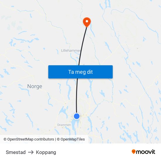 Smestad to Koppang map