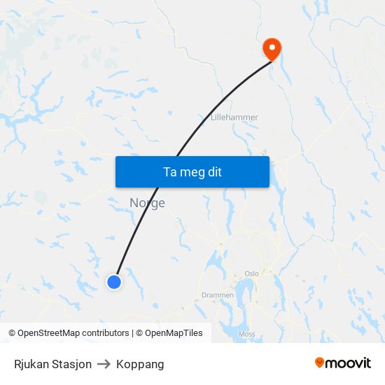 Rjukan Stasjon to Koppang map