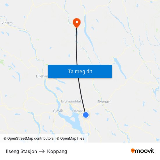 Ilseng Stasjon to Koppang map