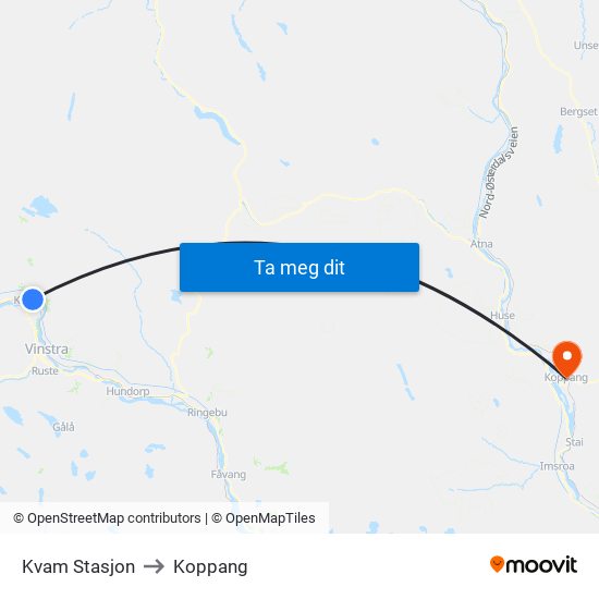 Kvam Stasjon to Koppang map