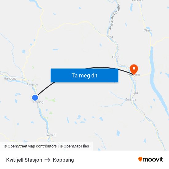 Kvitfjell Stasjon to Koppang map
