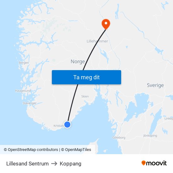 Lillesand Sentrum to Koppang map