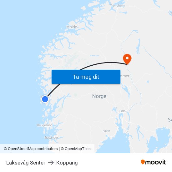 Laksevåg Senter to Koppang map