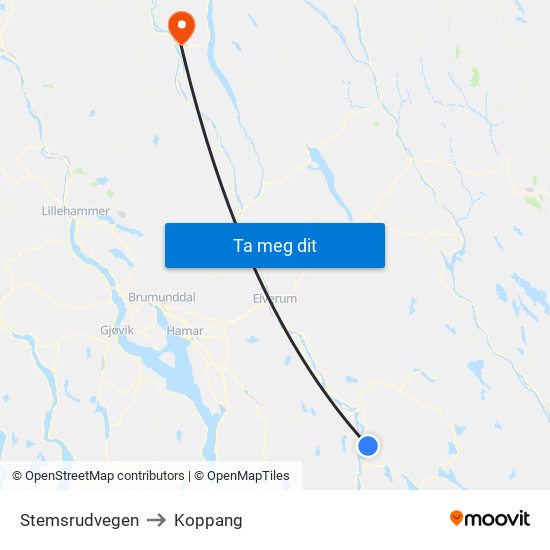 Stemsrudvegen to Koppang map