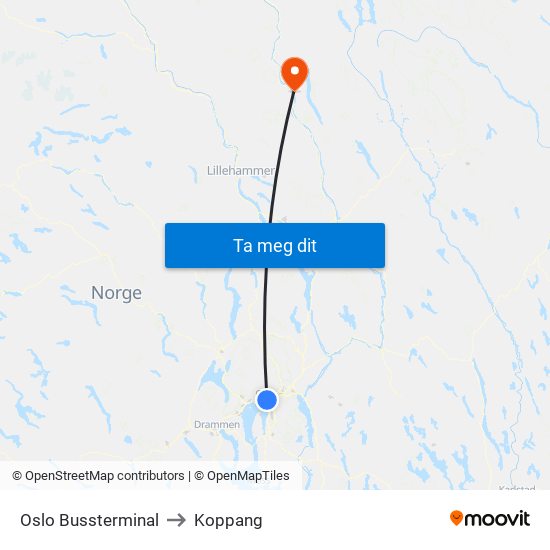 Oslo Bussterminal to Koppang map