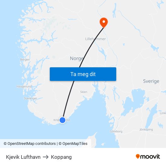 Kjevik Lufthavn to Koppang map