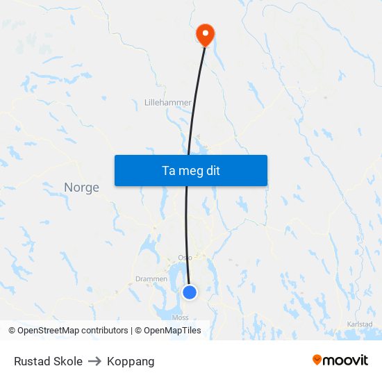 Rustad Skole to Koppang map