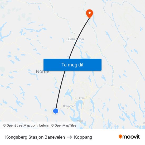 Kongsberg Stasjon Baneveien to Koppang map